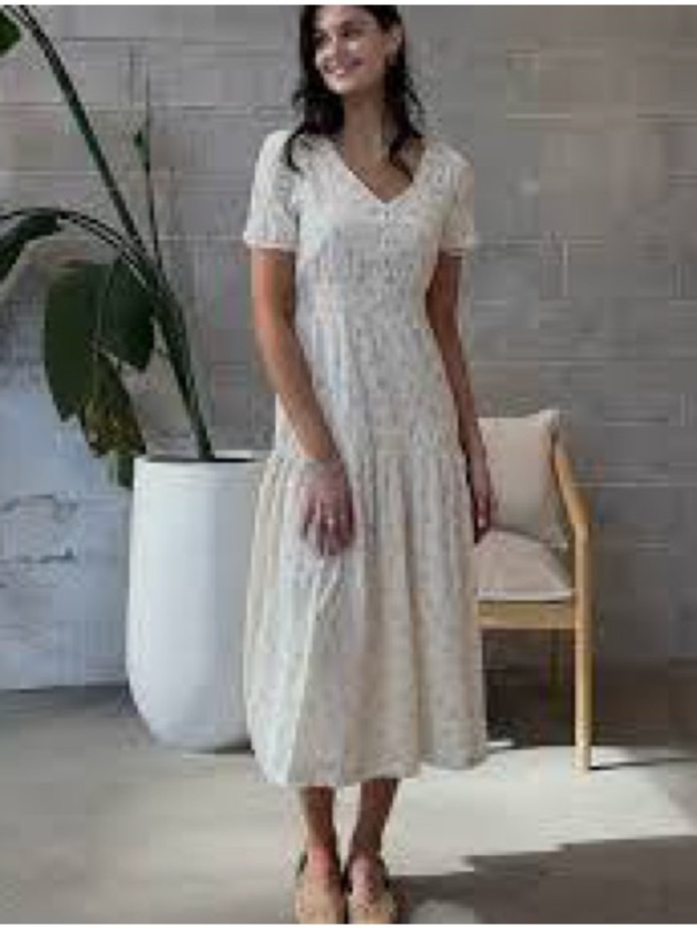 Dex Cream V-Neck Tiered Midi Dress